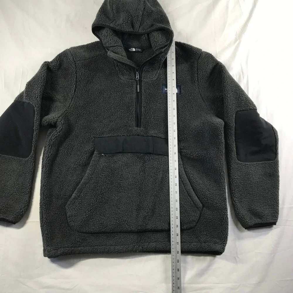 The North Face Mens Campshire Anorak Sherpa Fleece Hoodie Grey Large Quarter Zip